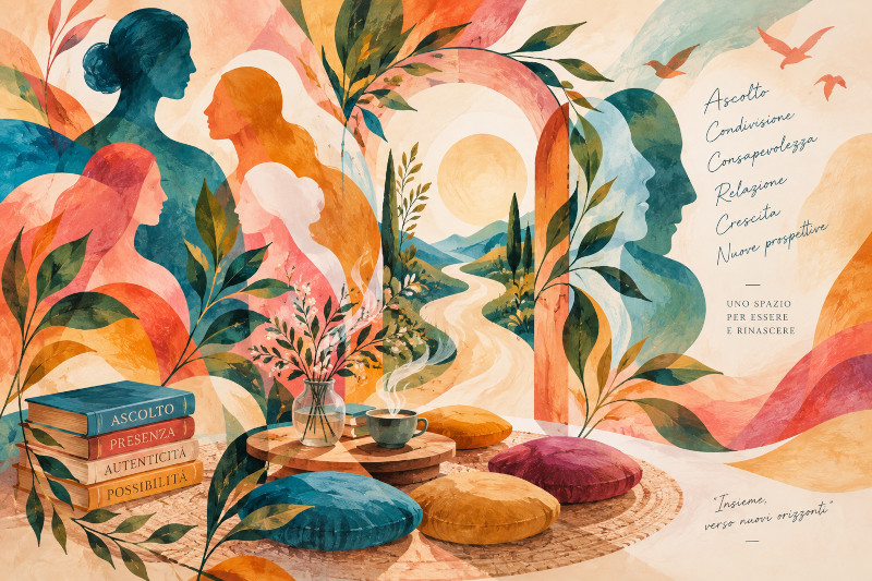 Illustrazione dei workshop di psicologia dedicati ad ascolto, relazione, consapevolezza e crescita personale