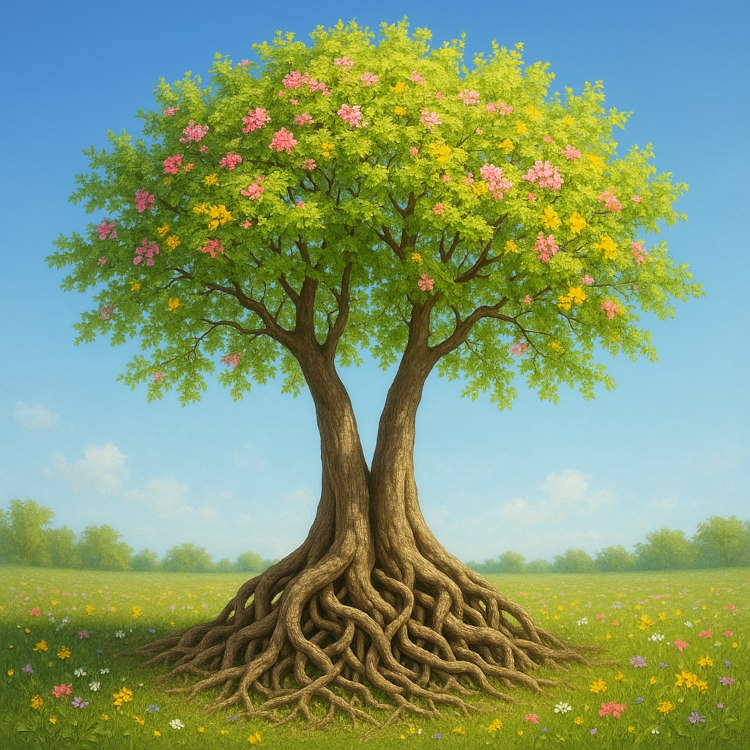Albero primaverile con radici intrecciate e tronchi che si uniscono in una chioma fiorita, su un prato colorato e sotto un cielo azzurro