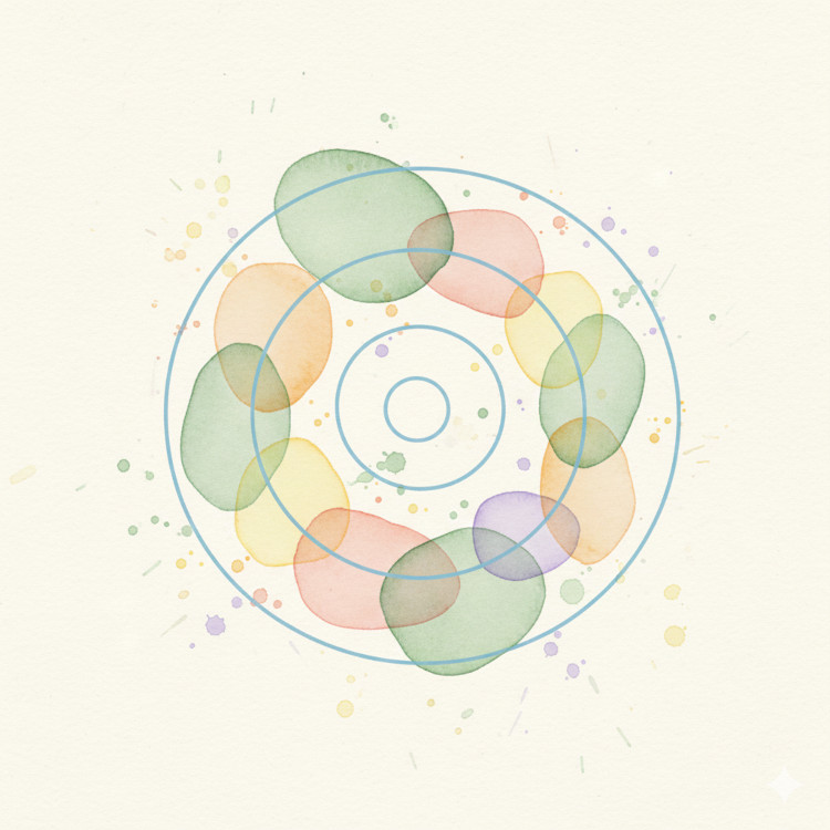 Illustrazione astratta con cerchi azzurri sottili che racchiudono forme acquerellate colorate, simbolo di confini sani e spazio vitale.