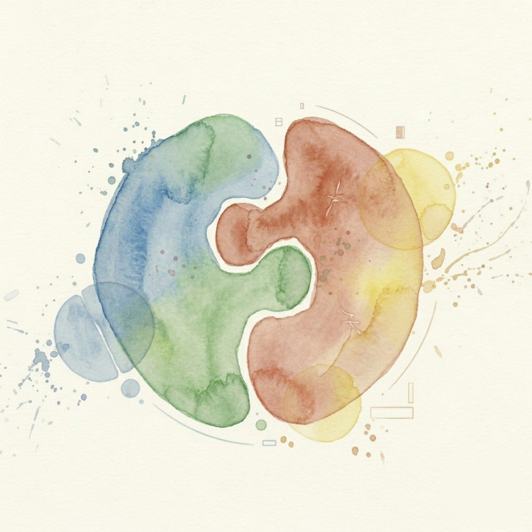 Forme acquerellate a incastro in toni blu e terra su sfondo avorio, simbolo di riparazione e legame.