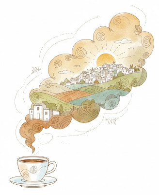 Illustrazione ad acquerello di una tazzina di caffè fumante, il cui vapore si trasforma nel paesaggio collinare e nel paese di San Potito all'alba, simboleggiando il risveglio lento e l'aroma mattutino del borgo campano.