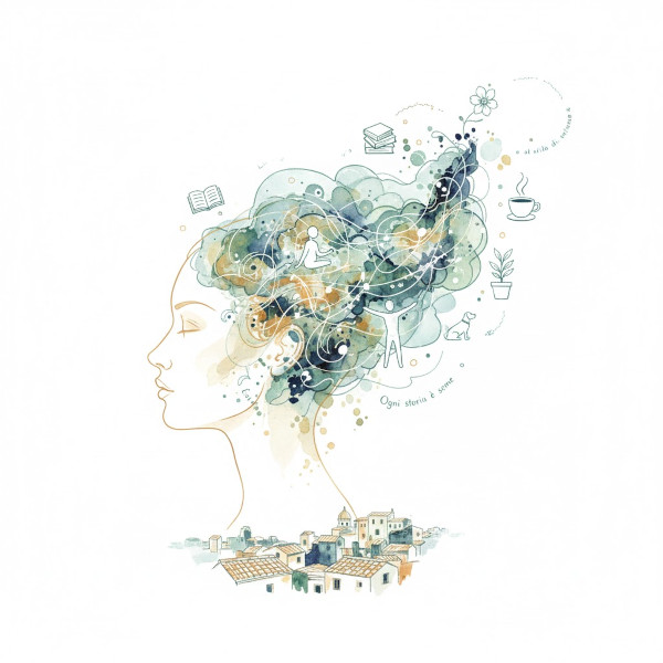 Illustrazione astratta in acquerello del profilo di Nanà la psicologa, con i capelli stilizzati che contengono simboli di libri, meditazione, un cane (Oliver) e il testo 'La saggezza dei nonni', che poggiano sulle case di San Potito. Rappresenta la fusione tra psicologia, ricordi e contesto campano.