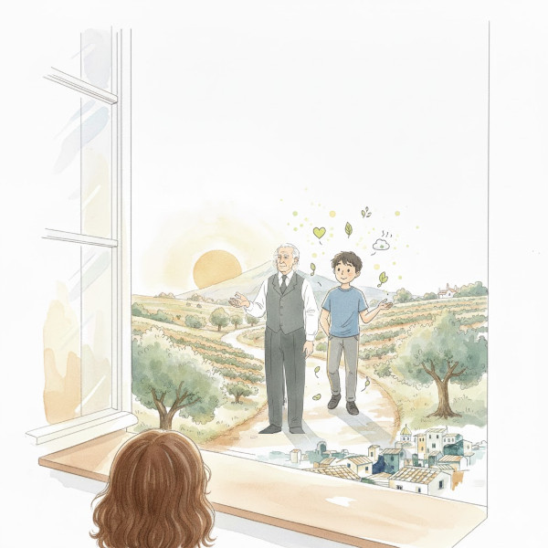 Illustrazione di nonno Peppe e il giovane paziente di ritorno dalla passeggiata. Il giovane cammina a testa alta con un sorriso rilassato, simboleggiando la ritrovata serenità e il superamento della frustrazione