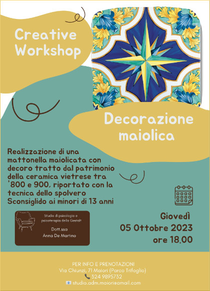 decorazione maiolica: creative workshop presso lo studio di Anna De Martino, psicologa e psicoterapeuta, maiori via chiunzi